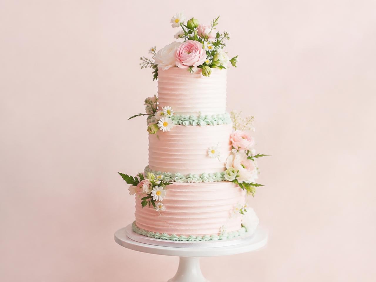 Pastel pink tiered celebration cake with flowers